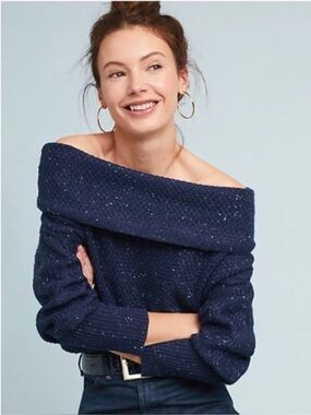 Michael Stars Confetti Off The Shoulder Pullover Sweater Navy Blue Small